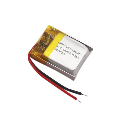 Paket Baterai IoT Tipis Isi Ulang Kustom 3,7 V 75mAh Baterai LiPo 651417